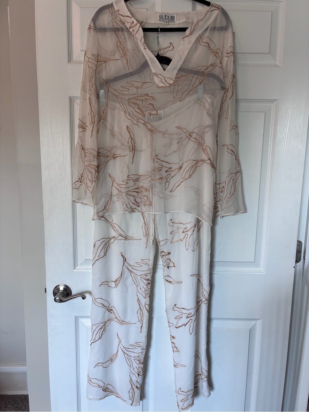 Sheri Bodell Cream Two-Piece Pajama Set with Tan Leaf Print